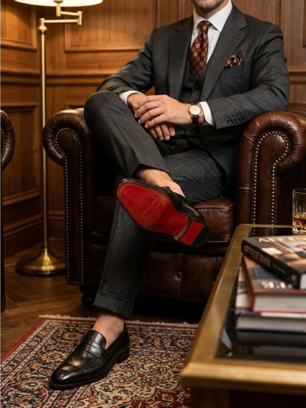 Classic Black Leather Men's Penny Loafers with patent red button